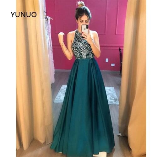 YUNUO Dark Green O Neck Evening Formal Dresses Long Beading A Line Floor Length vestidos de fiesta Prom Dress Racers Back