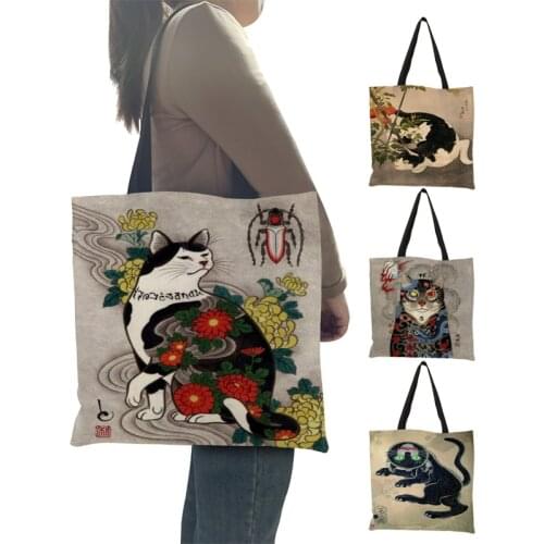 Japanese Custom Cat Print Women Shopping Bag Ladies Causal Shoulder Bag Large Capacity Grocery Supermarket Totes