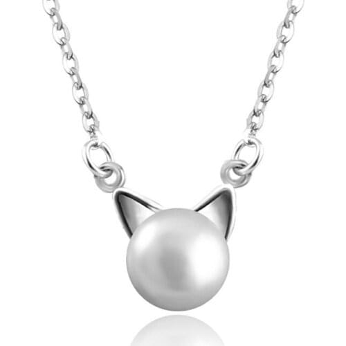 S925 Sterling Silver Chain Natural Freshwater Pearl Necklace Sterling Silver Cat Ear Pendant Womens Jewelry Gift for Girlfriend
