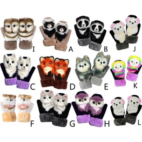 Women Men Winter Knitted Gloves Cute 3D Fluffy Cartoon Animal Decor Thickened Plush Lining Outdoor Windproof Thermal Warm Mitten