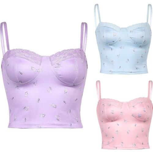 066C Women Sexy Spaghetti Strap Deep V-Neck Crop Top Floral Print Lace Trim Patchwork Camisole Backless Slim Fit Corset Vest