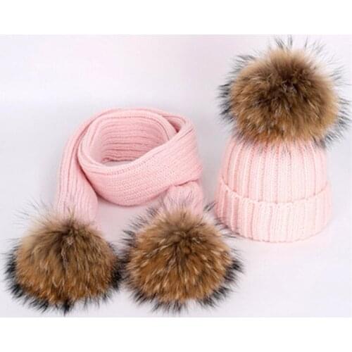 2020 Knitted Warm Kids Hats Scarf Sets 2 Pcs Winter Baby Boy Clothes Flexible Gilrs Clothes Cute Raccoon Fur Children Scarfs