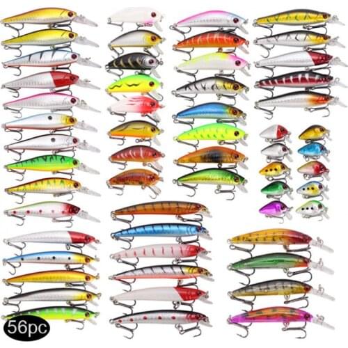 56pcs 8 Sizes Fishing Lures Crankbaits Hook Minnow Bait Tackle Crank Fishing Kit