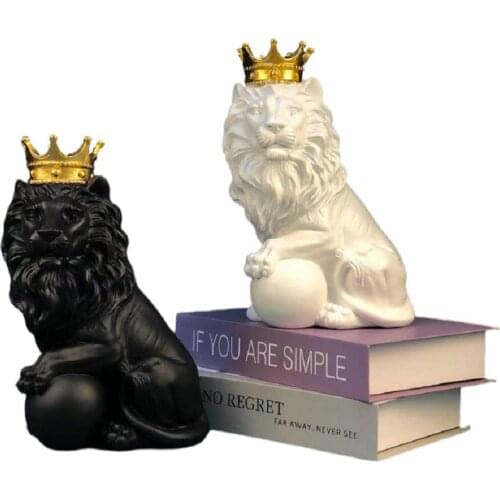 Abstract Crown Lion Ornaments Sculpture Home Office Male Lion Ball Resin Statue Living Room TV Bar Crafts Animal Art Decor Gift