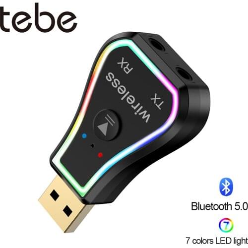 Tebe Bluetooth 5.0 Audio Receiver Transmitter 7 Colors Led Backlit Wireless Car 3.5mm Audio Adapter For Headphone TV Computer