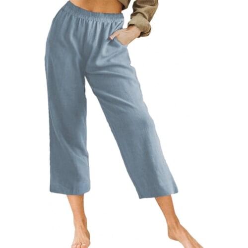 Casual Capri Pants Women High Waist Solid Color Pockets Loose Comfortable Trousers Summer Office Ladies Straight Pants 2021