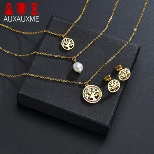 Auxauxme New Multilayer Vintage Tree of Life Jewelry Set Crystal Pearl Stainless Steel Necklace Earring Sets Women Jewelry Gifts