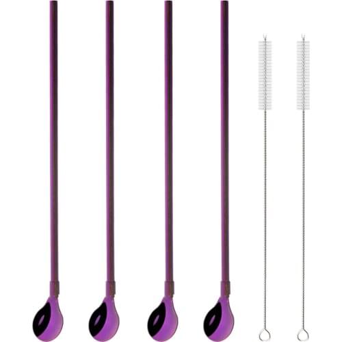 Colorful Metal Straw Reusable Drinking Straw Spoon Stainless Steel Straw Spoon with Cleaner Brush Party Bar Stirring Accessory