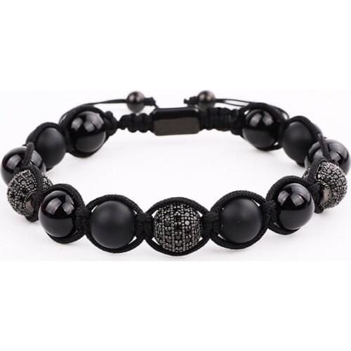 Men Beaded Bracelet Micro CZ Pave Black Ball Natural Stone Cord Braided Macrame Wrap Bracelet Male Jewelry Gift