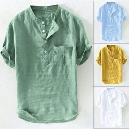 Linen Clothes Mens Short-Sleeved Loose Stand-Up Collar Pullover Half-Sleeved Mens Trendy Inch Shirt Cotton And Summer Shirt