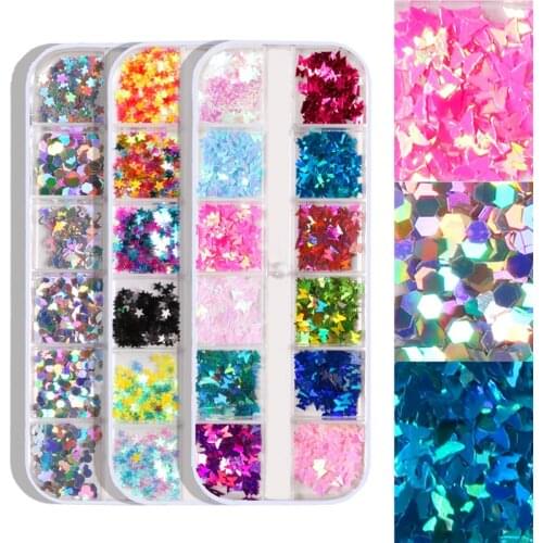 CHNRMJL 12Grids/Set Nail Glitter Sequins 32 Styles Nail Powder Flake Paillette Tips DIY 3D UV Gel Nails Art Decorations Tool Kit