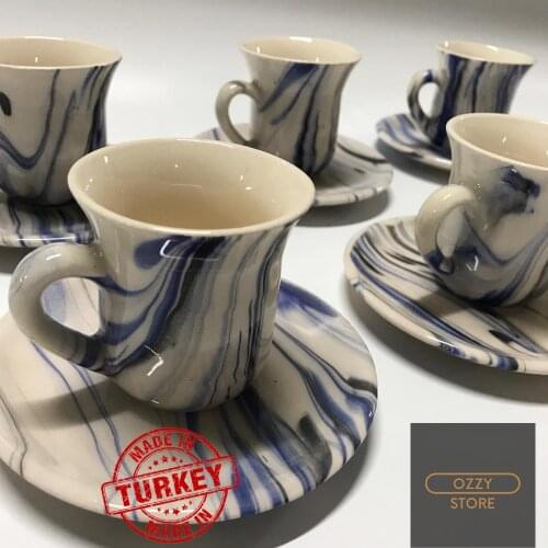 Hand Made Tile Set of 6 Dark Green Marbled Pattern Ceramic Porcelain Turkish Coffee Espresso Cups