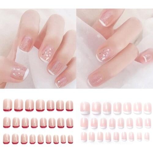 24Pcs False Nails with Design Press On Nails Art French White Gradient Acrylic Fake Nails for Manicure Short Round Nail Tips