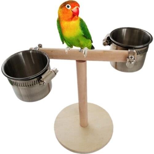 Bird Parrot Tabletop Wood Play Stands with Stainless Steel Feeder Cups Birds Platform Training Perch Toys for Cockatiels Finch