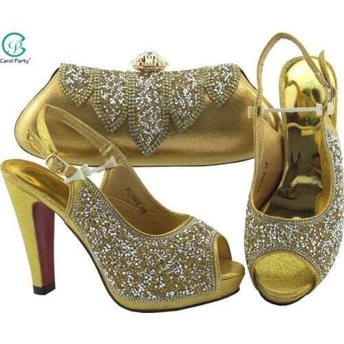 2020 New Ladies Shoes and Bag Set Women Italian design Gold Color Shoes with Matching Bags Set Decorated with Stone for party