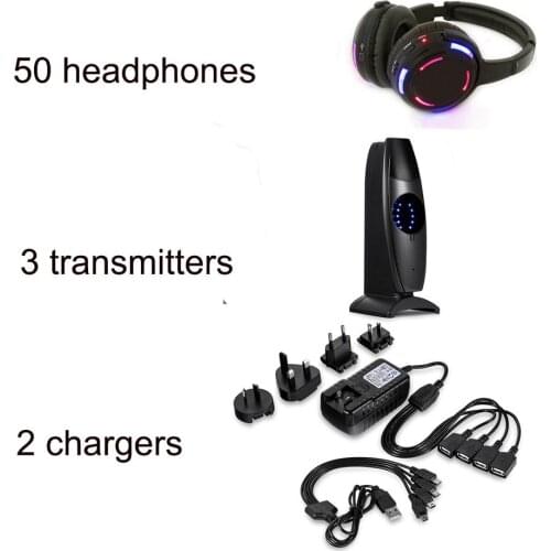Professional Silent Disco headphones- 50 Headphones with 3 Transmitters + 3 Channels