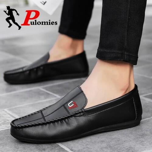 PULOMIES Men Casual Leather Loafers Shoes Men Soft Moccasins Flats Driving Shoes Footwear Slip-On Walking Shoes Loafers