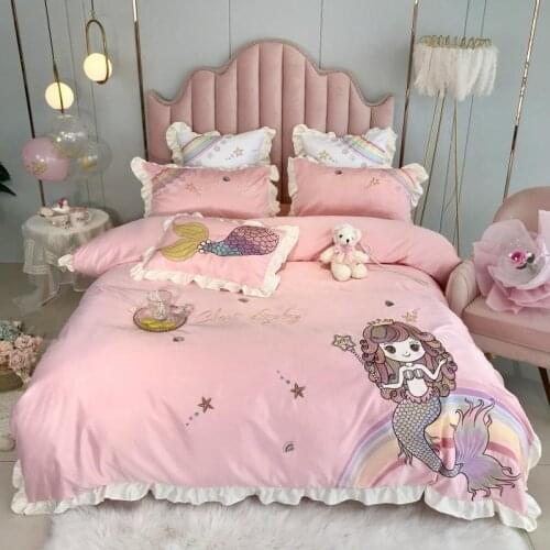 Christmas Gift Rainbow Mermaid Embroidery Ruffle Duvet Cover Bed Sheet Pillowcases Pink Cotton Satin Bedding Set Home Textile