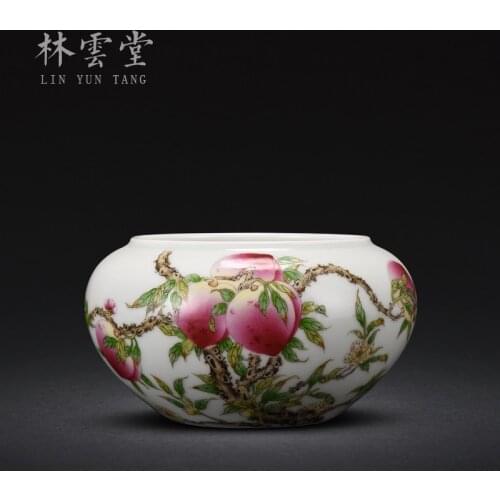 Hand painted longevity peach bat enamel water bowl by Lin Yuntang