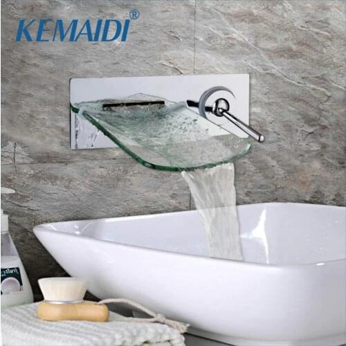 KEMAIDI Wall Mounted Waterfall Glass Spout Crystal Diamond Handle Chrome Brass Bathroom Faucet Single Handle Mixer Taps