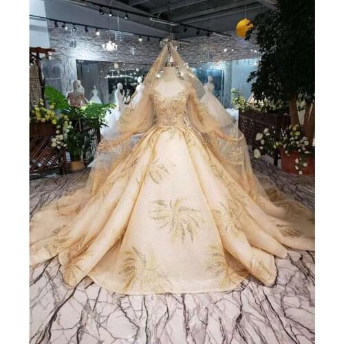 BGW HT42910 Champagne Wedding Dresses With Wedding Veil Lantern Sleeve V-neck Lace Up Back Bridal Dress Golden Lace Wedding Gown