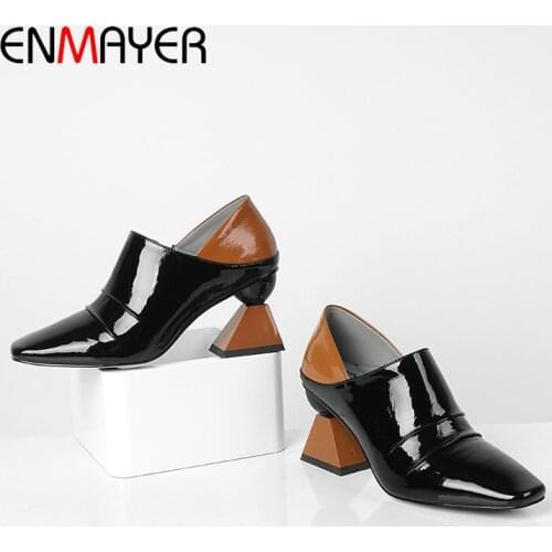 ENMAYER 2020 Luxury Shoes Women Basic Patent Leather Pointed Toe Ladies Shoes Square Heel Slip-On Spring/Autumn Women Pumps34-43