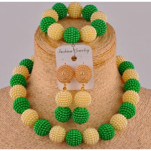 Green and champagne gold african necklace beads jewelry set simulated pearl nigerian wedding set costume jewelry sets FZZ97