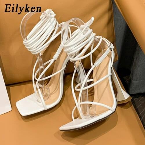 Eilyken 2021 New Women Gladiator knee high Sandals Open toe Lace up Cross Strappy Sandals Women High heels Fashion Sexy shoes