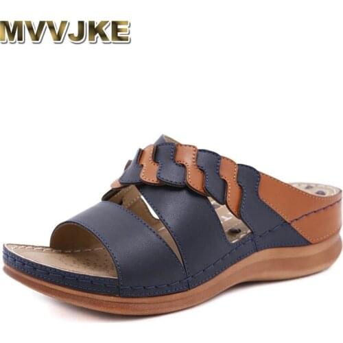 MVVJKESummer outdoor round head stitching womens sandals car stitching non-slip massage slope heel womens slippers large size