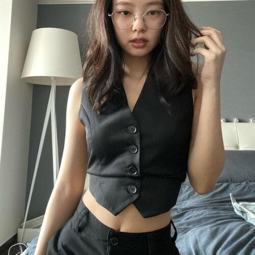 Kpop Korean Celebrity street fashion black satin single-breasted sleeveless vest womens summer new sexy slim V-neck vest tops