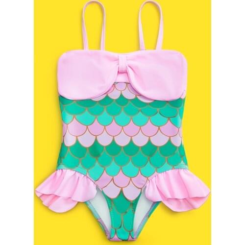 2021 Girl’s Cartoon Mermaid Print Swimsuit Fashion Boat Neck Suspender Ruffles Triangle Swimsuit
