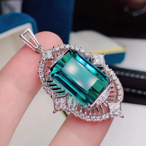 H915 Fine Jewelry Solid 18K Gold 100% Natural 17.55ct Blue Tourmaline Diamonds Gemstone Diamond Womens Pendants Necklaces