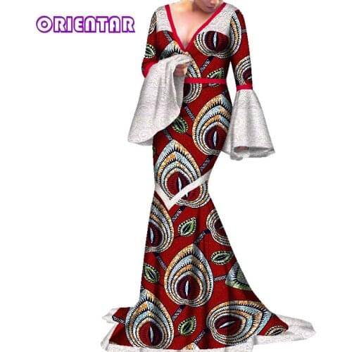 Women African Dresses Long Lace Flare Sleeve Deep V-neck Wedding Party Evening Dress Elegant Lady African Bazin Ball Gown WY2267