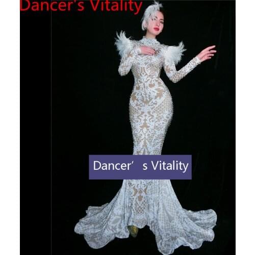 Host Singer DJ DS Show White Feather Slim Fit Stretch Long Fishtail Dress Female Women Lady Pole Jazz Carnival Party Stage Wear
