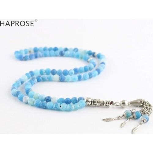 100% Natural agate Prayer Islamic Muslim tasbih Allah Rosary blue agate bracelets 99 beads weathering blue 6-10mm necklace