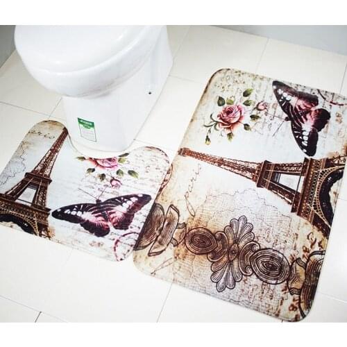 2Pcs/Set Paris Eiffel Tower Non-Slip Bathroom Toilet Pedestal Rug + Bath Mat