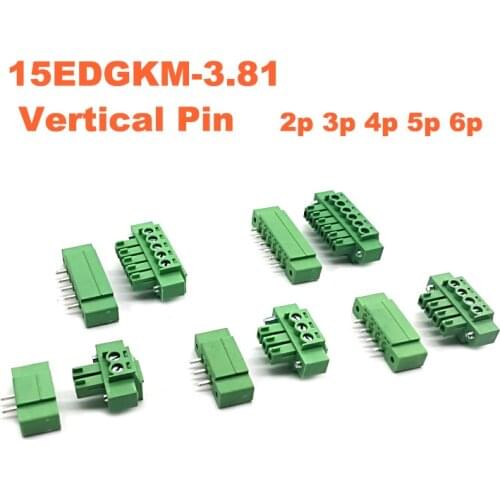 5pcs Pitch 3.81mm Vertical 2 3 4 5 6Pin Screw Plug-in PCB Terminal Block Pluggable Connector male/female 15EDGKM+VM morsettiera