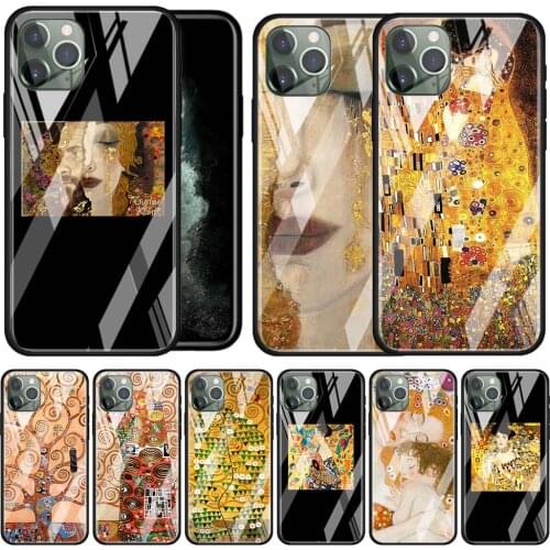 Gustav Klimt the kiss Painted Tempered Glass Case for iPhone 11 12 Pro MAX 12 Mini 7 8 X XR XS MAX 6 6S Plus SE Phone Cover