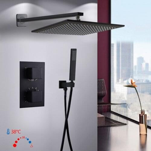 Black Color Brass Square Rain Shower Two Function Thermostatic Shower Mixer Valve Shower