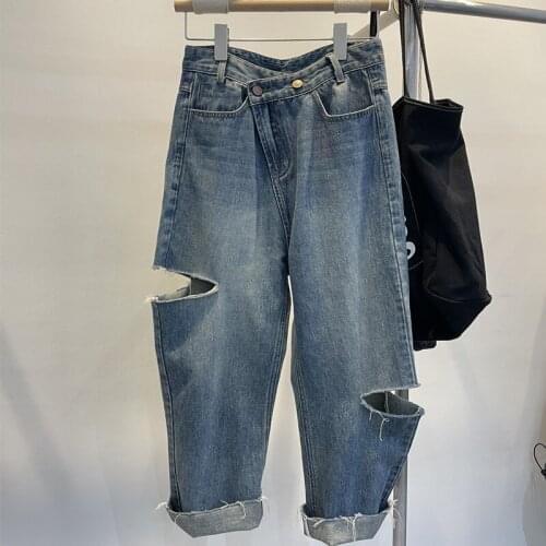 Spring And Autumn straight Blue Jeans Boyfriend Woman Vintage High Waist Hole Ankle-length Hole Denim Pants Korean Streetwear
