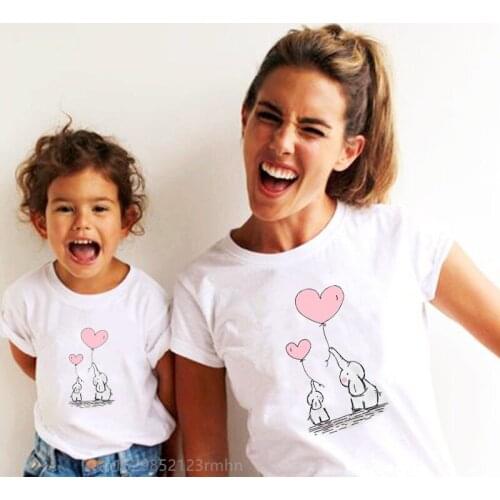 Kawaii Cute Elephant Balloon Print Women T shirt Fashion Family Matching Clothes Mommy and Clothes Mother and Daughter Tee Tops