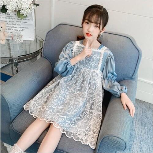 Girls Clothing Sets 2021 Spring New Teenage Girl Blue Puff Sleeve Dress And Lace Dress Two Piece Set Kids Fall Suits For 4-14T