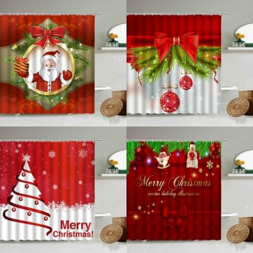 Red Xmas Shower Curtain Merry Christmas Santa Claus Tree Gift New Year Holiday Bathroom Decor Waterproof Screen With Hooks Set