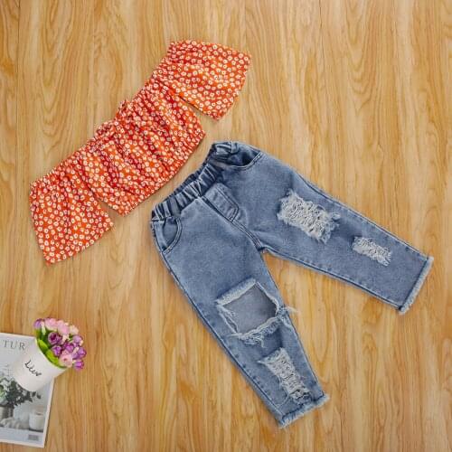 Summer Girls Clothes Sets 0-5Y Floral Print Off Shoulder T Shirts Tops Blue Denim Pants 2pcs