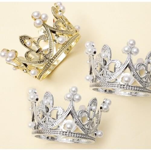 Mini Crown Princess Topper Pearl Tiara Children Hair Ornaments for Wedding Birthday Party Cake Decorating Tools Holiday Decor