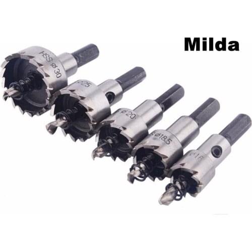 Milda 5 pcs 16 - 30mm HSS Drill Bit Hole Saw Set High Speed Steel Cutter Tools Drilling Holes for Cutting Steel Brass Metal