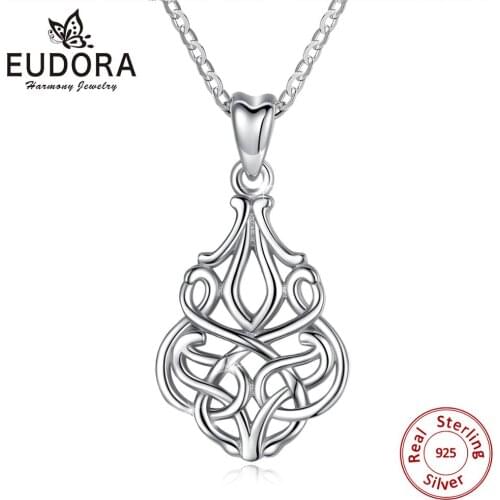 EUDORA 925 Sterling Silver Women girl Pendant Necklace Irish Celtic Knot Luck Necklace Sliver Fine jewelry For Women Best Gifts