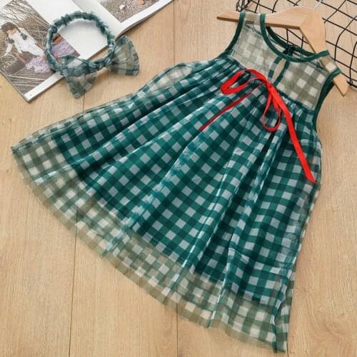 Girls Dresses 2021 Summer New Childrens Clothing Girls Fashion Plaid Yarn Sweet Bow Princess Dress