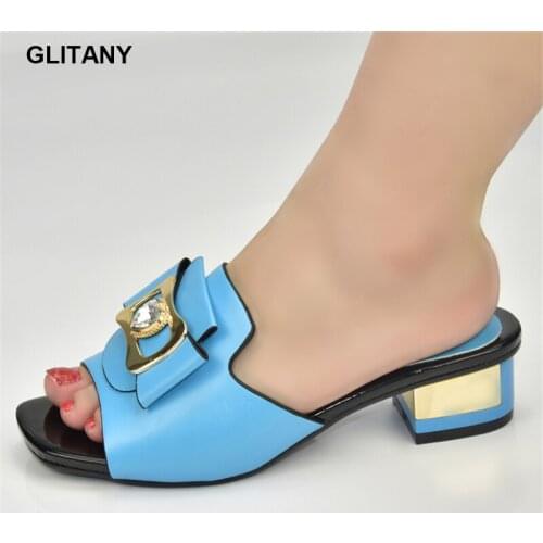 Latest Ladies Shoes Summer Slippers Good Quality Nigerian Party Pump Italian Low Heels Women Shoes Decorated with Rhinestone
