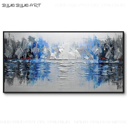 Superb Artist Pure Hand-painted High Quality Abstract Blue and White Textured Painting Thick Paints Abstract Landscape Painting